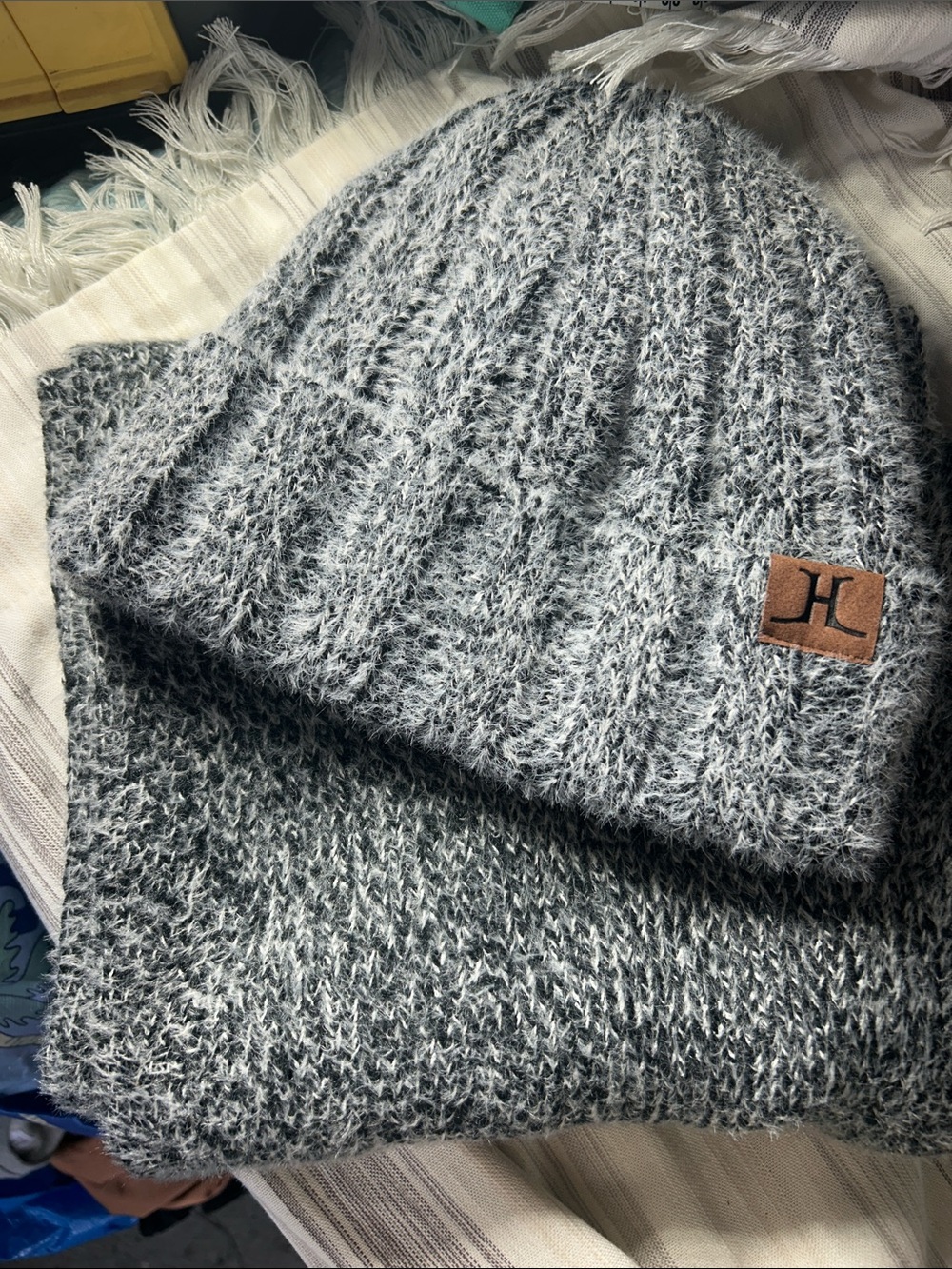 Cozy Heather Gray Knit Beanie with Leather Logo Patch